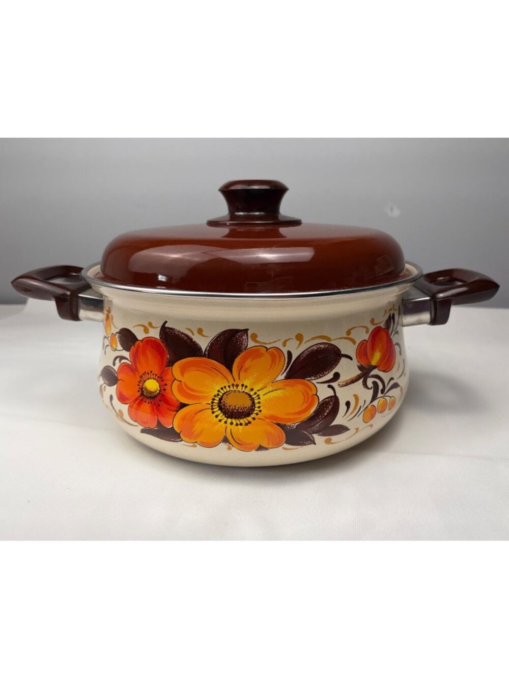 Sanko Ware Moneta Floral Enamel Vintage Dutch Oven Pot Lid Orange Yellow Flowers